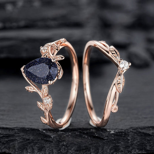 Nature Inspired Pear Shape Blue Sandstone Leaf Engagement Ring Set Rose Gold Twig Branch Promise Ring, Vine Anniversary Gift for Women - anerjuly