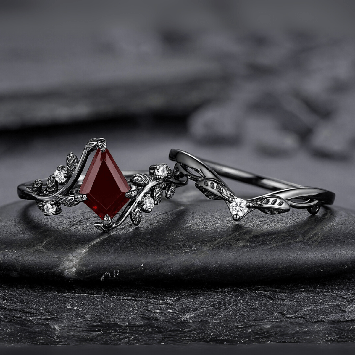 Nature Inspired Twig Branch Garnet Ring Black Gold Couple Rings Tungsten Wedding Band Promise Ring for Her - anerjuly