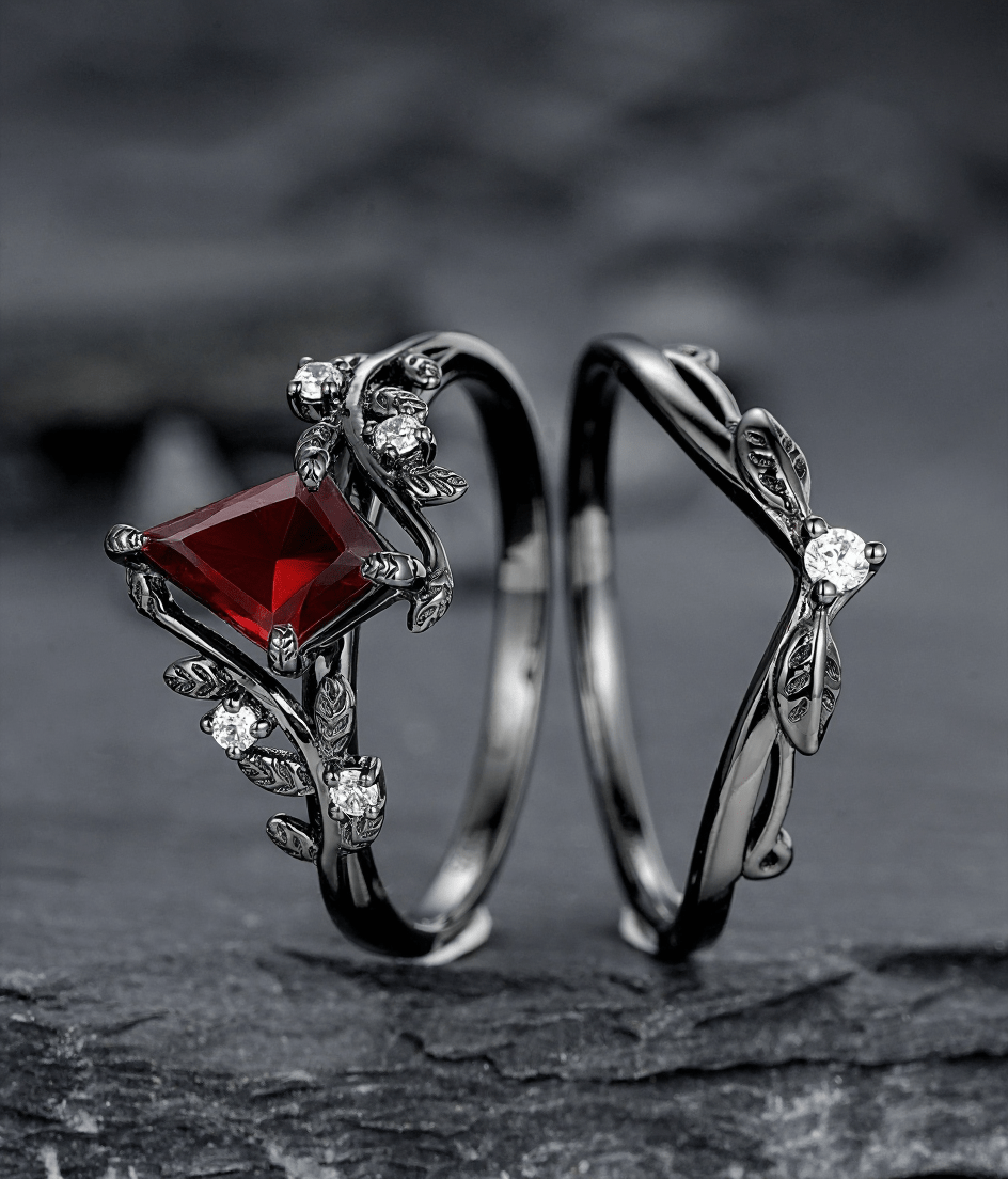 Nature Inspired Twig Branch Garnet Ring Black Gold Couple Rings Tungsten Wedding Band Promise Ring for Her - anerjuly