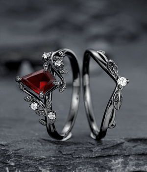 Nature Inspired Twig Branch Garnet Ring Black Gold Couple Rings Tungsten Wedding Band Promise Ring for Her - anerjuly