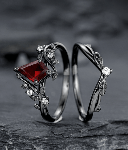 Nature Inspired Twig Branch Garnet Ring Black Gold Couple Rings Tungsten Wedding Band Promise Ring for Her - anerjuly