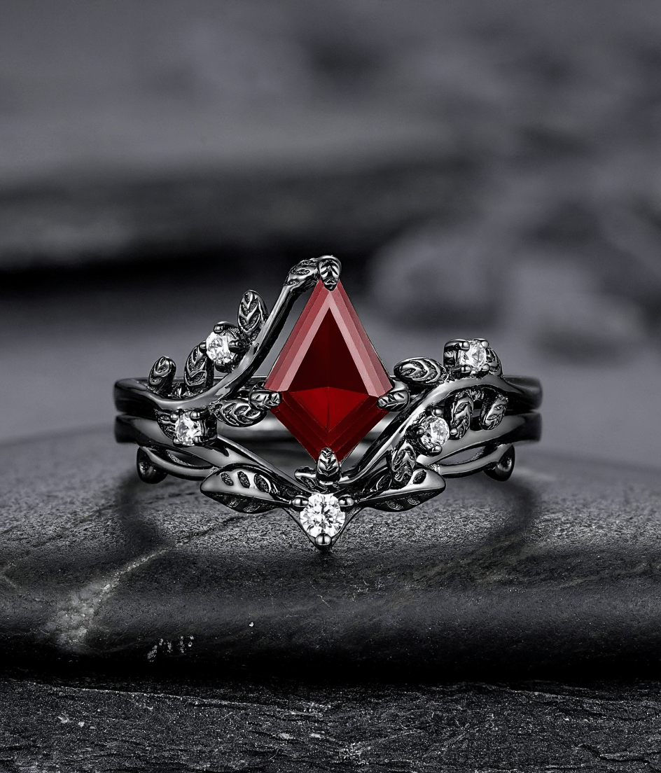 Nature Inspired Twig Branch Garnet Ring Black Gold Couple Rings Tungsten Wedding Band Promise Ring for Her - anerjuly