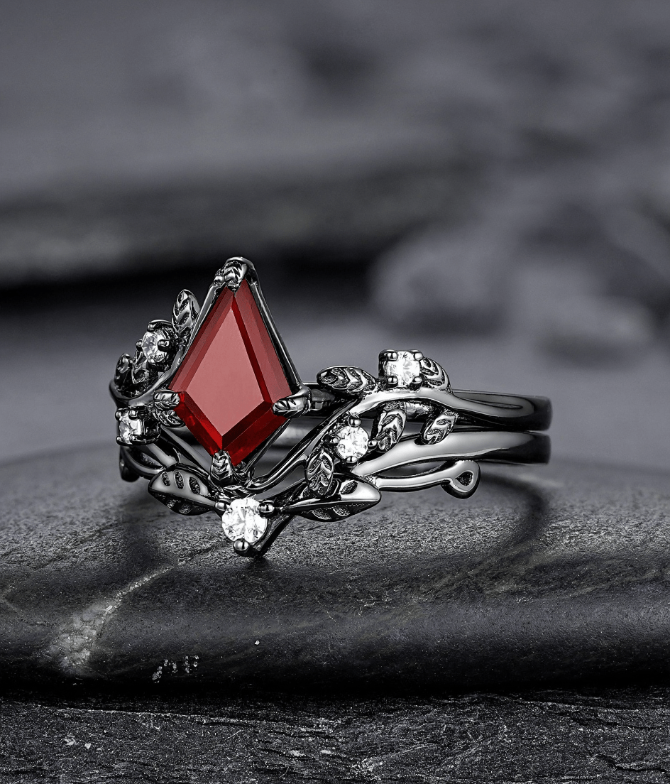 Nature Inspired Twig Branch Garnet Ring Black Gold Couple Rings Tungsten Wedding Band Promise Ring for Her - anerjuly