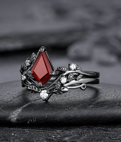 Nature Inspired Twig Branch Garnet Ring Black Gold Couple Rings Tungsten Wedding Band Promise Ring for Her - anerjuly