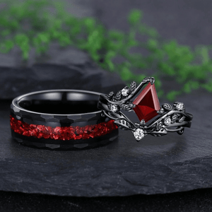 Nature Inspired Twig Branch Garnet Ring Black Gold Couple Rings Tungsten Wedding Band Promise Ring for Her - anerjuly