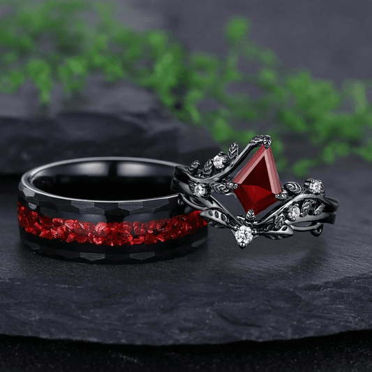 Nature Inspired Twig Branch Garnet Ring Black Gold Couple Rings Tungsten Wedding Band Promise Ring for Her - anerjuly