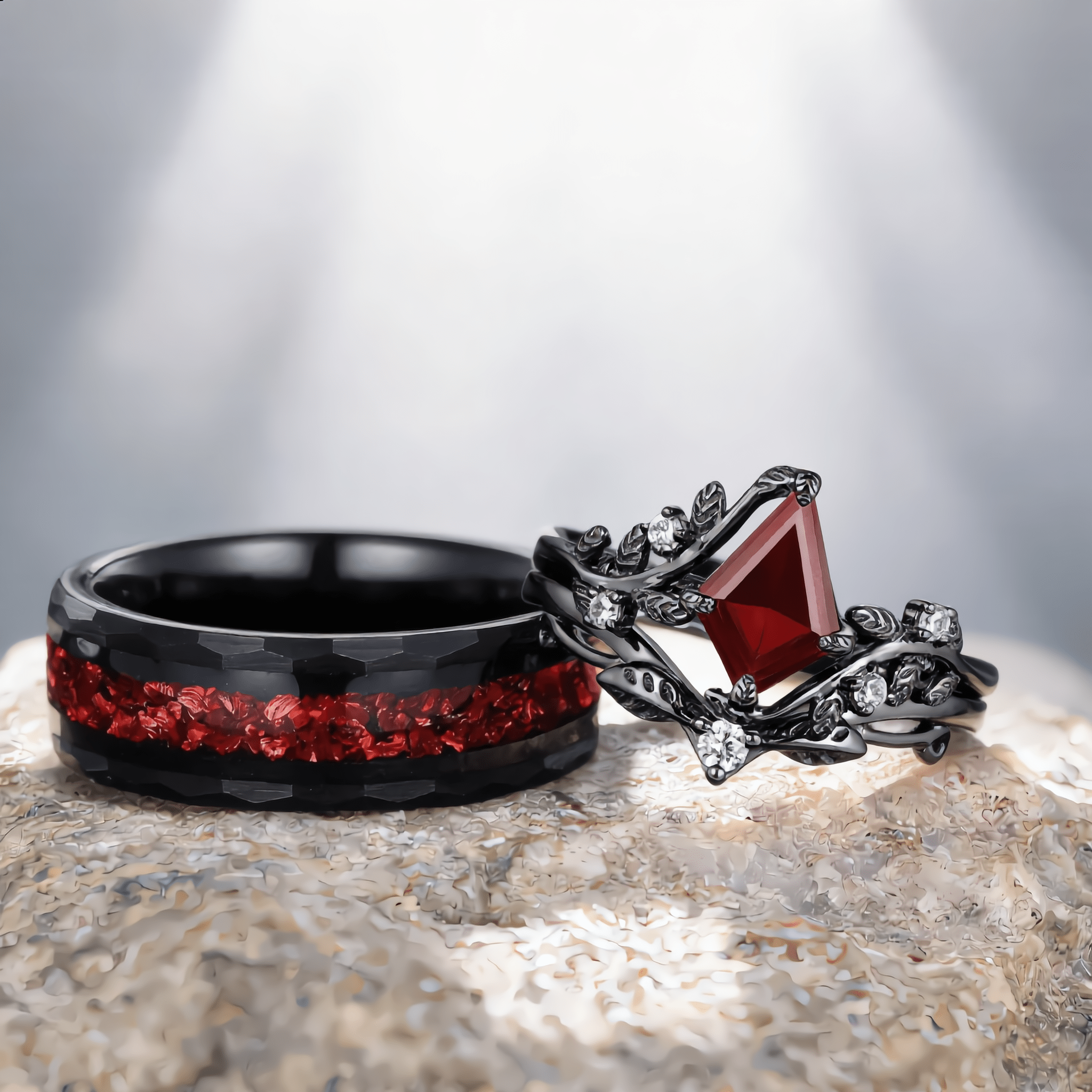 Nature Inspired Twig Branch Garnet Ring Black Gold Couple Rings Tungsten Wedding Band Promise Ring for Her - anerjuly