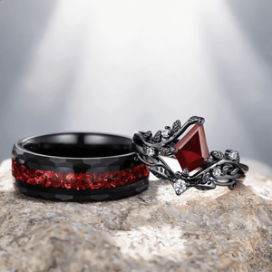 Nature Inspired Twig Branch Garnet Ring Black Gold Couple Rings Tungsten Wedding Band Promise Ring for Her - anerjuly