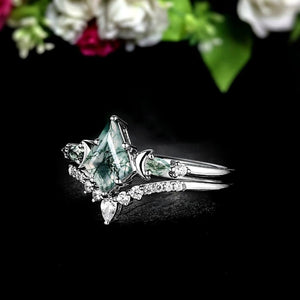 Nature Sterling Silver Crescent Moon Moss Agate Ring Set Engagement Ring - anerjuly