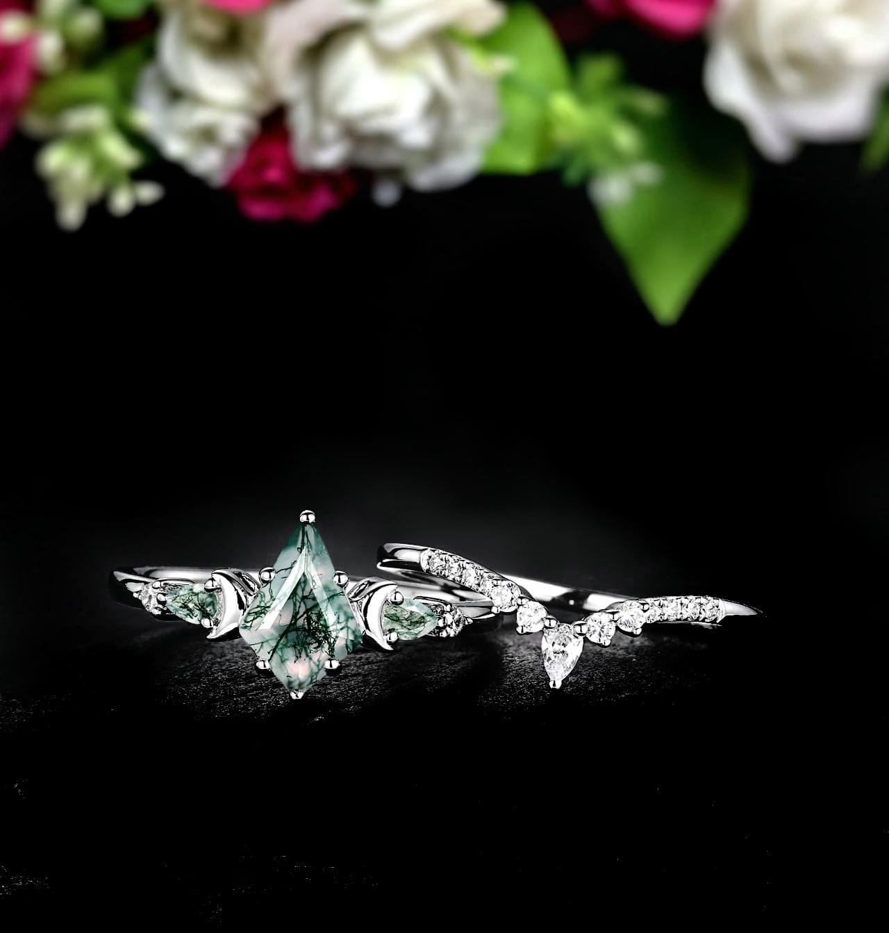 Nature Sterling Silver Crescent Moon Moss Agate Ring Set Engagement Ring - anerjuly