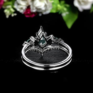 Nature Sterling Silver Crescent Moon Moss Agate Ring Set Engagement Ring - anerjuly