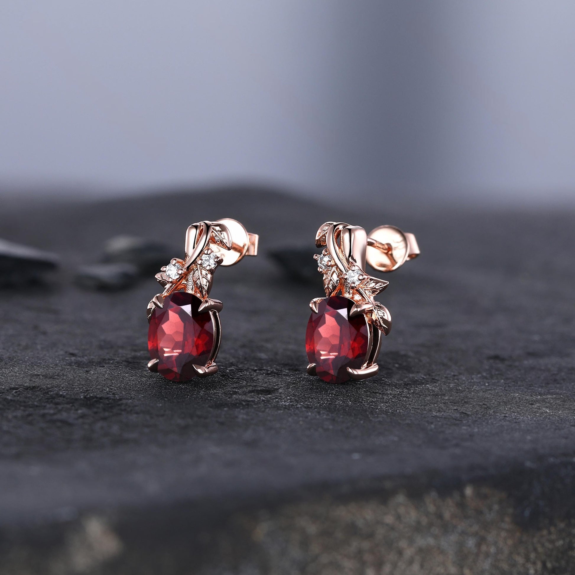 Olive Branch Garnet Earrings 14K Gold, 5mm Garnet Stud Earrings, Garnet Bridal Earrings, January Birthstone, Bride Wedding Gift, Wife Gift - anerjuly