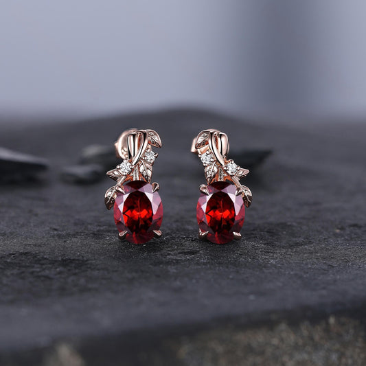 Olive Branch Garnet Earrings 14K Gold, 5mm Garnet Stud Earrings, Garnet Bridal Earrings, January Birthstone, Bride Wedding Gift, Wife Gift - anerjuly