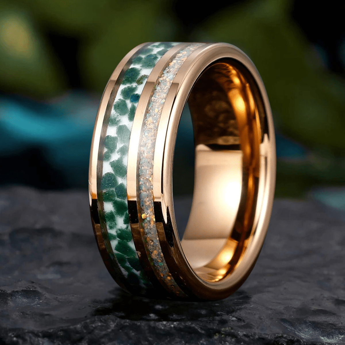 Opal - Moss Agate Inlay Tungsten Unisex Ring Hammered Moss Agate Men' s Ring - anerjuly