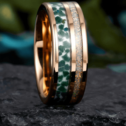 Opal - Moss Agate Inlay Tungsten Unisex Ring Hammered Moss Agate Men' s Ring - anerjuly