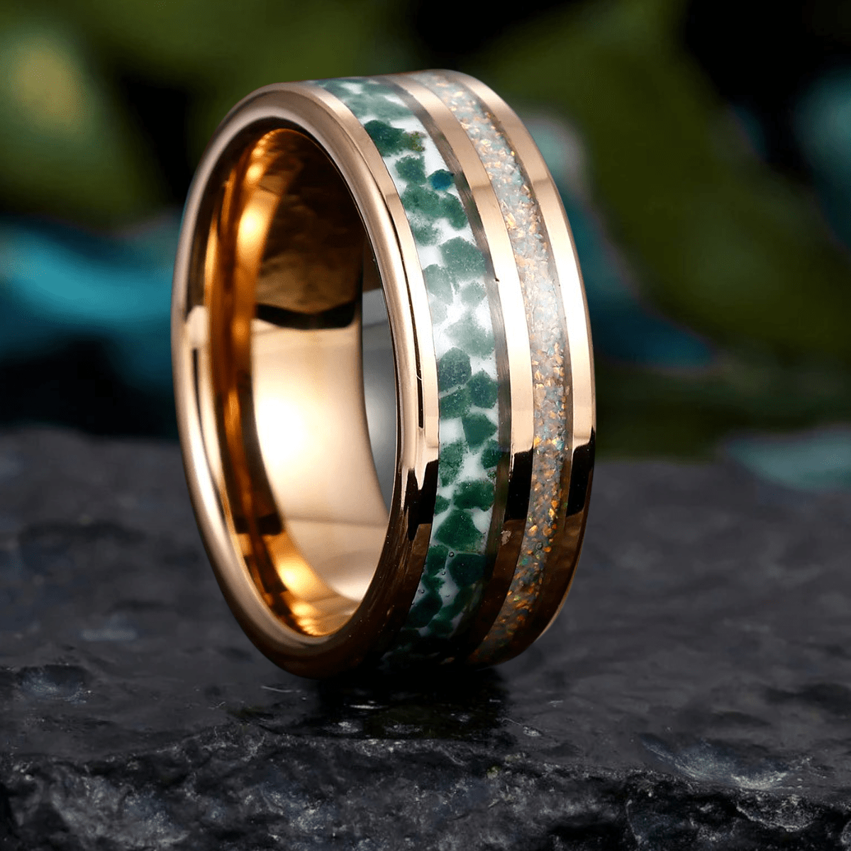 Opal - Moss Agate Inlay Tungsten Unisex Ring Hammered Moss Agate Men' s Ring - anerjuly