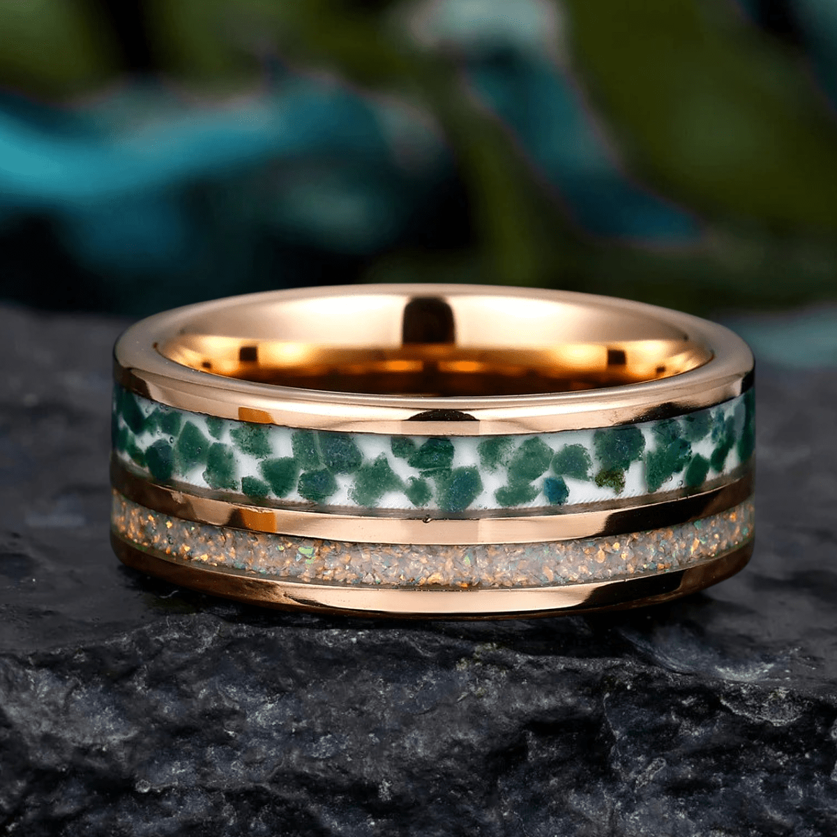 Opal - Moss Agate Inlay Tungsten Unisex Ring Hammered Moss Agate Men' s Ring - anerjuly