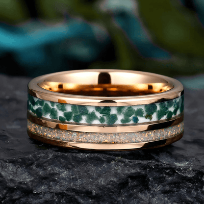Opal - Moss Agate Inlay Tungsten Unisex Ring Hammered Moss Agate Men' s Ring - anerjuly