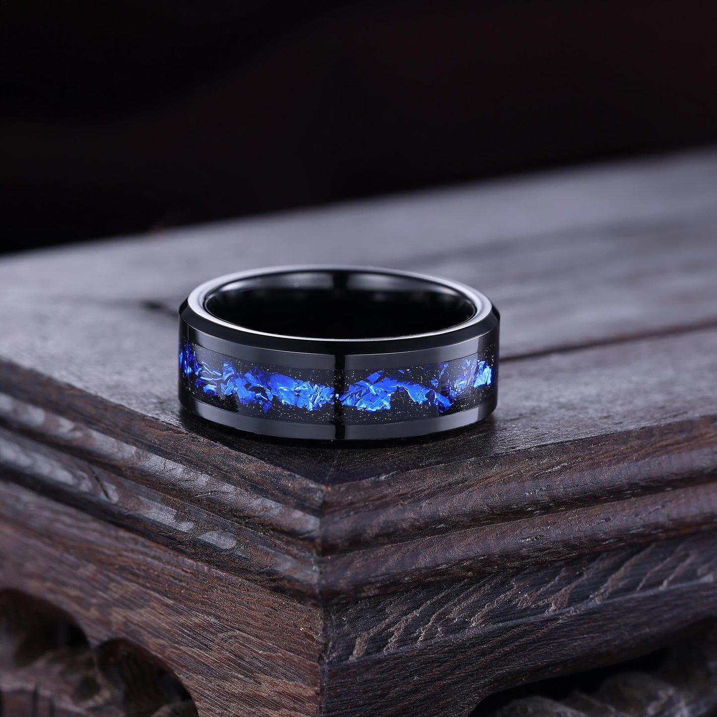 Orion Nebula Ring Unique Tungsten Men Ring Crushed Sapphire Wedding Band - anerjuly