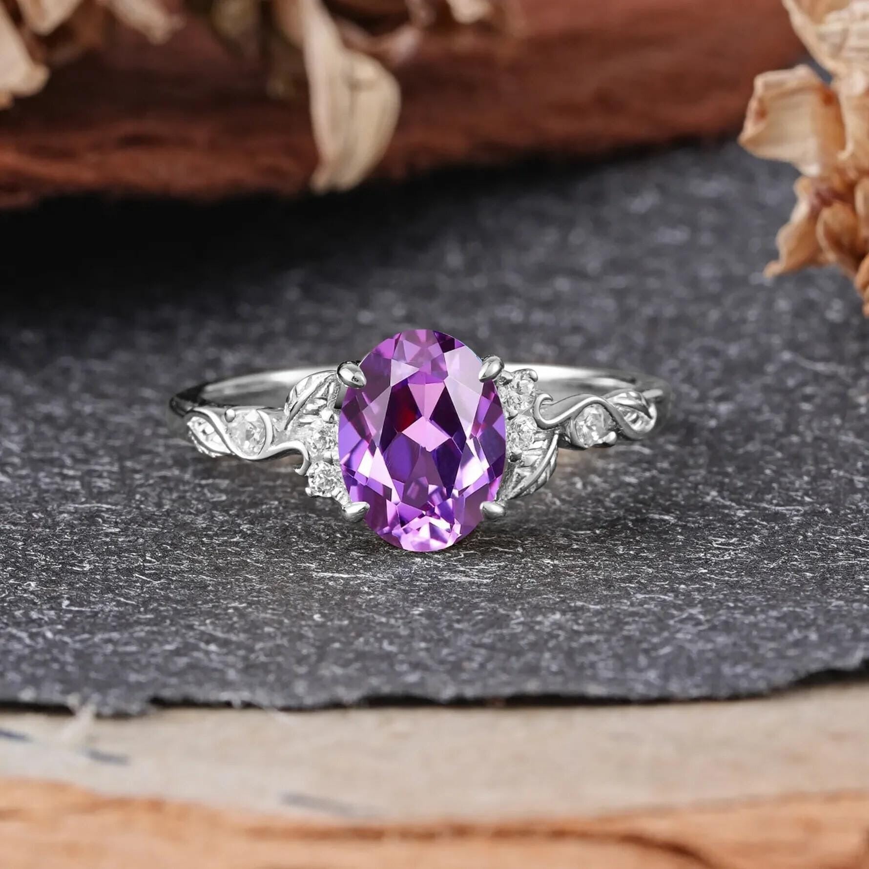 Oval Amethyst Engagement Ring Rose Gold Vintage Promise Ring - anerjuly