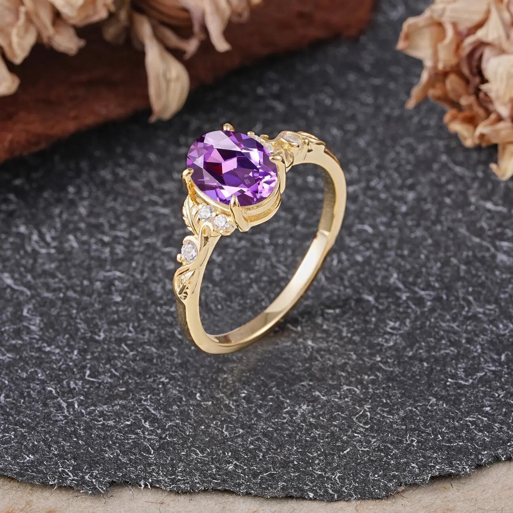 Oval Amethyst Engagement Ring Rose Gold Vintage Promise Ring - anerjuly