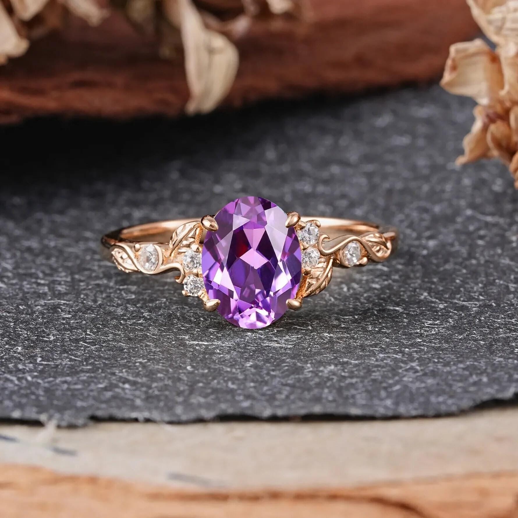 Oval Amethyst Engagement Ring Rose Gold Vintage Promise Ring - anerjuly