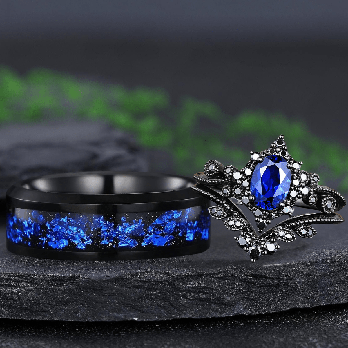 Oval Cornflower Blue Sapphire Engagement Ring Black Gold Black Gold His and Her Nature Inspired Bridal Set - anerjuly