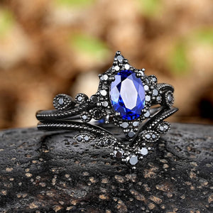 Oval Cornflower Blue Sapphire Engagement Ring Black Gold Natural Inspired Leaf Ring - anerjuly