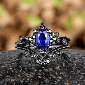 Oval Cornflower Blue Sapphire Engagement Ring Black Gold Natural Inspired Leaf Ring - anerjuly