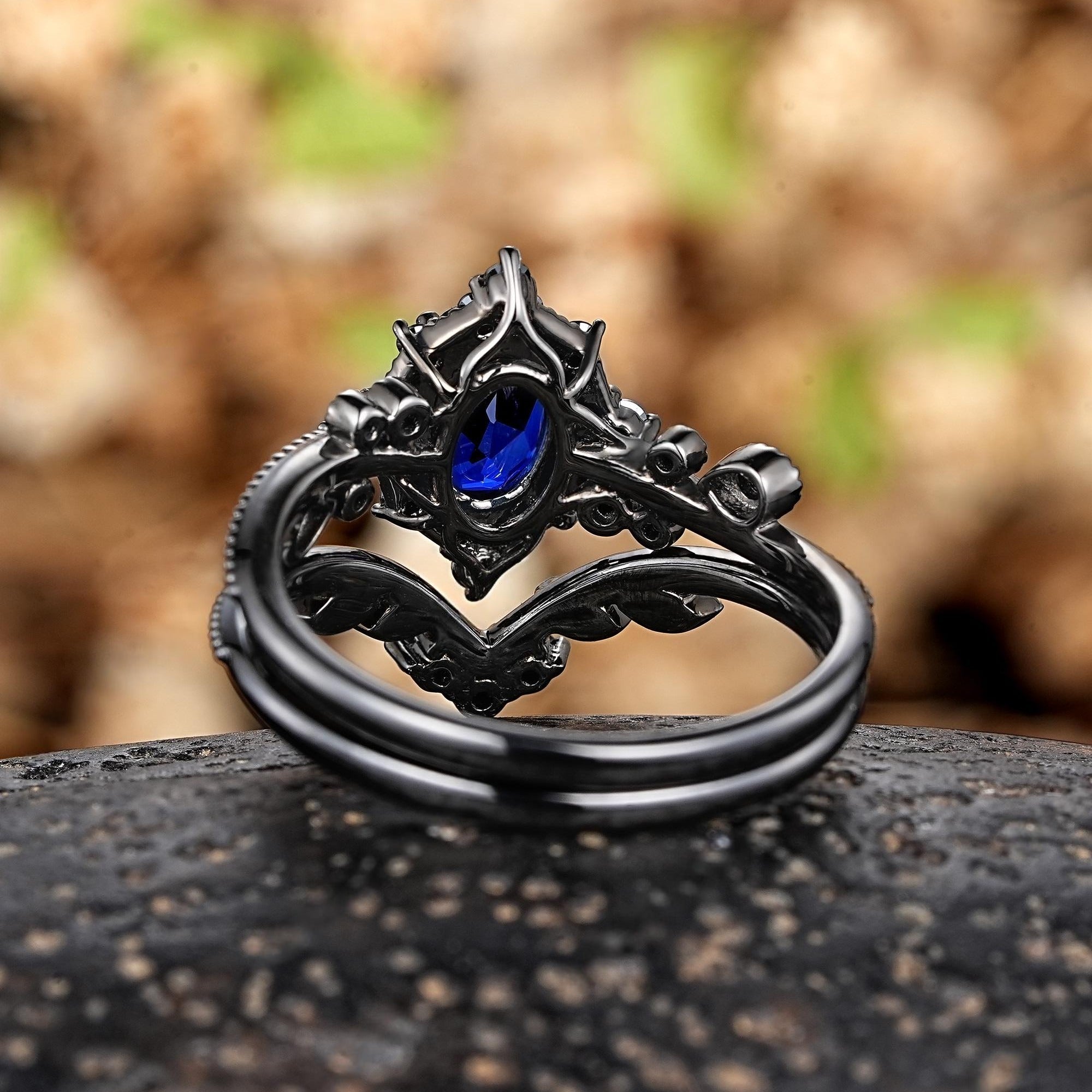 Oval Cornflower Blue Sapphire Engagement Ring Black Gold Natural Inspired Leaf Ring - anerjuly