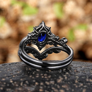 Oval Cornflower Blue Sapphire Engagement Ring Black Gold Natural Inspired Leaf Ring - anerjuly