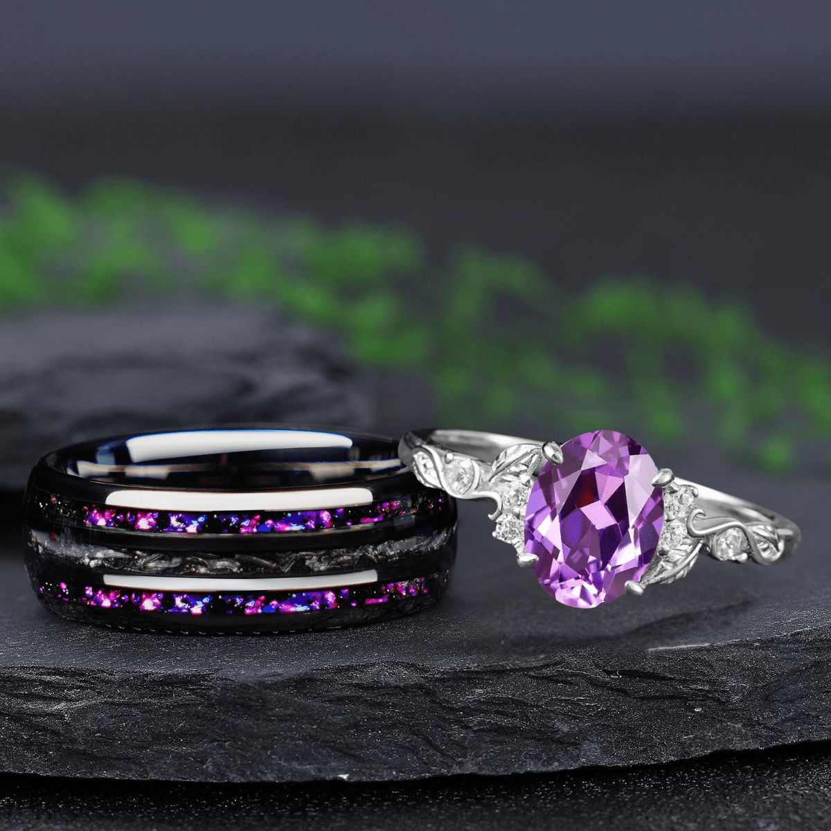 Oval Cut Amethyst Vine Couple Rings Gold His & Her Matching Rings - anerjuly