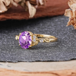 Oval Cut Amethyst Vine Couple Rings Gold His & Her Matching Rings - anerjuly