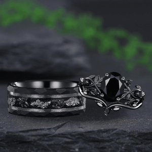 Oval Cut Black Rutilated Quartz Couple Ring Set His and Her Vintage Ring for Men and Women Leaf Branch Ring - anerjuly
