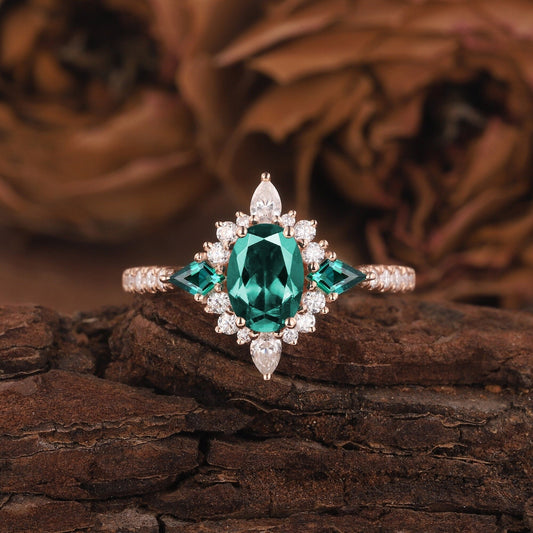 Oval Cut Emerald Engagement Ring White Gold Twig Branch Promise Wedding Ring Nature Inspired Vine Silver Bridal Set for her - anerjuly