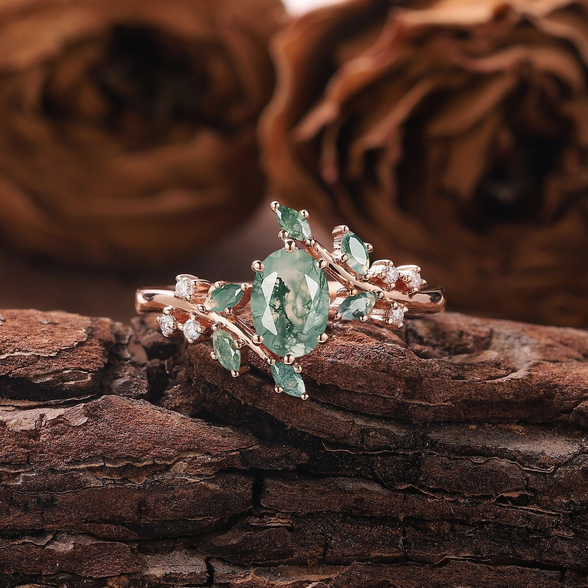 Oval Cut Moss Agate Engagement Ring Set Unique Twisted Split Shank Ring Rose Gold Green Agate Ring - anerjuly