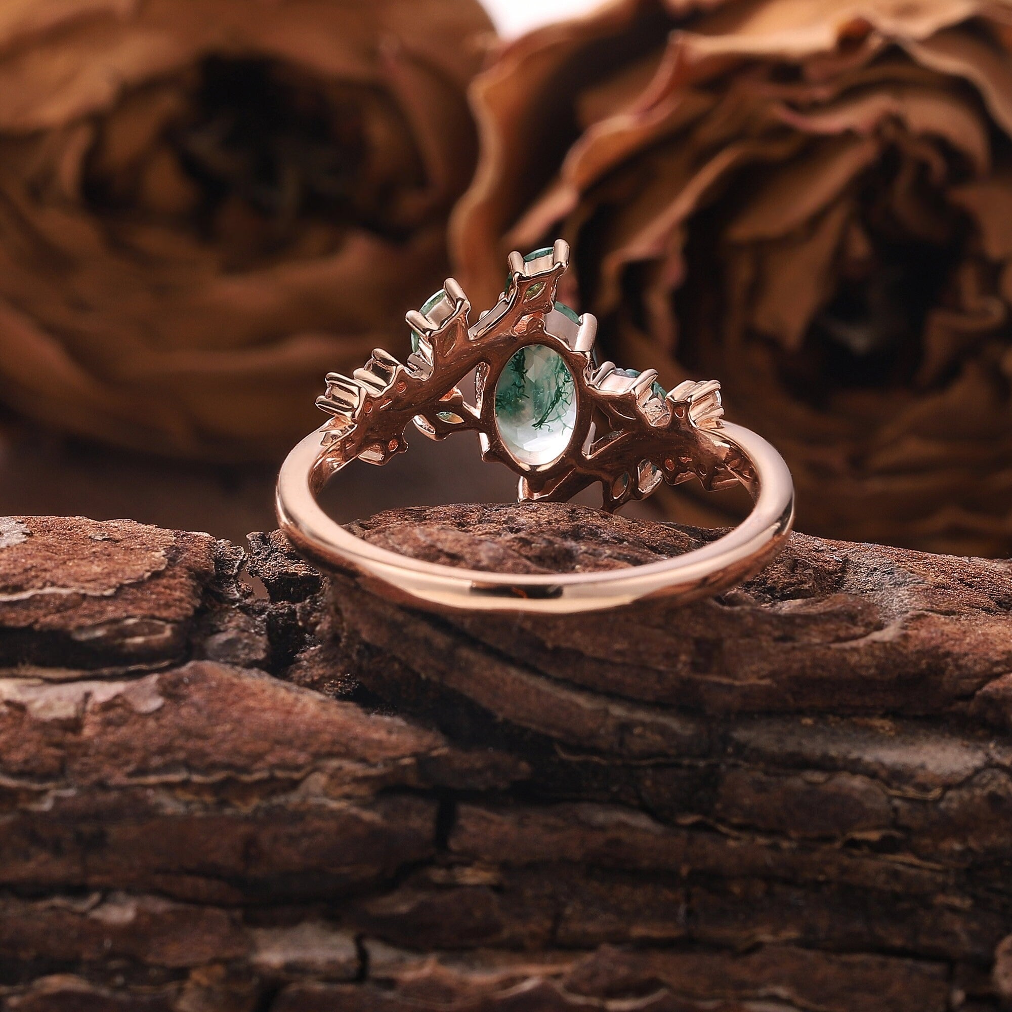 Oval Cut Moss Agate Engagement Ring Set Unique Twisted Split Shank Ring Rose Gold Green Agate Ring - anerjuly