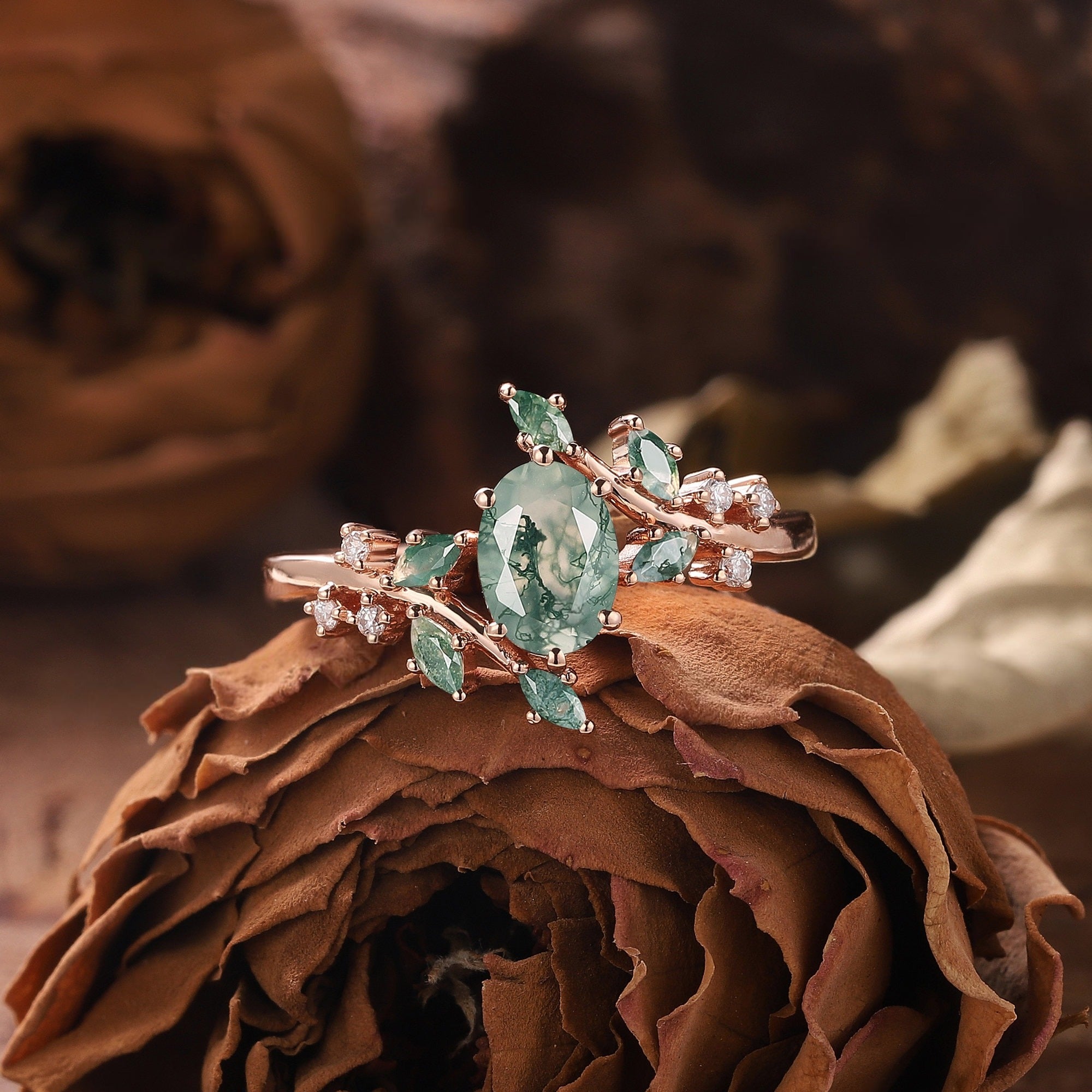 Oval Cut Moss Agate Engagement Ring Set Unique Twisted Split Shank Ring Rose Gold Green Agate Ring - anerjuly