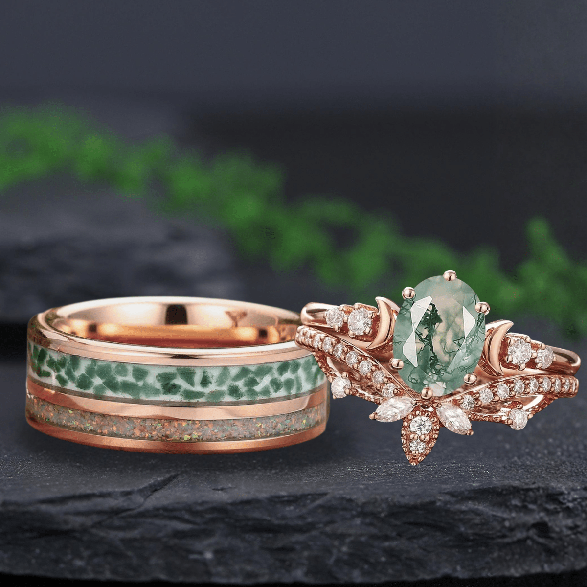 Oval Cut Moss Agate Unique Moss Agate Couple Ring His and Her Matching Wedding Band - anerjuly