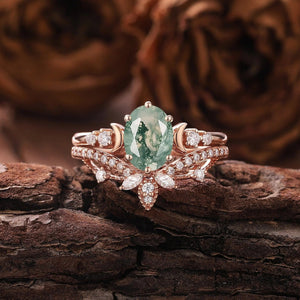 Oval Cut Moss Agate Unique Moss Agate Couple Ring His and Her Matching Wedding Band - anerjuly