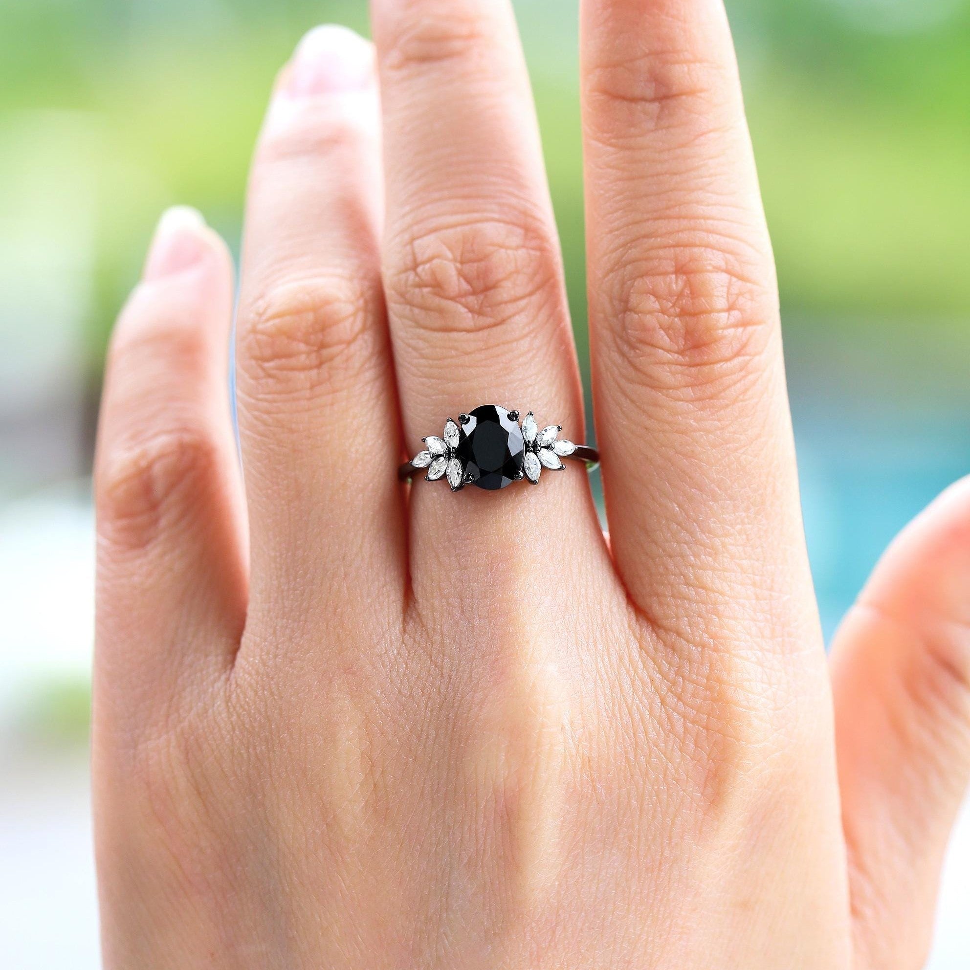 Oval Cut Natural Black Onyx S925 Ring Flowery Design Bridal Engagement Ring - anerjuly