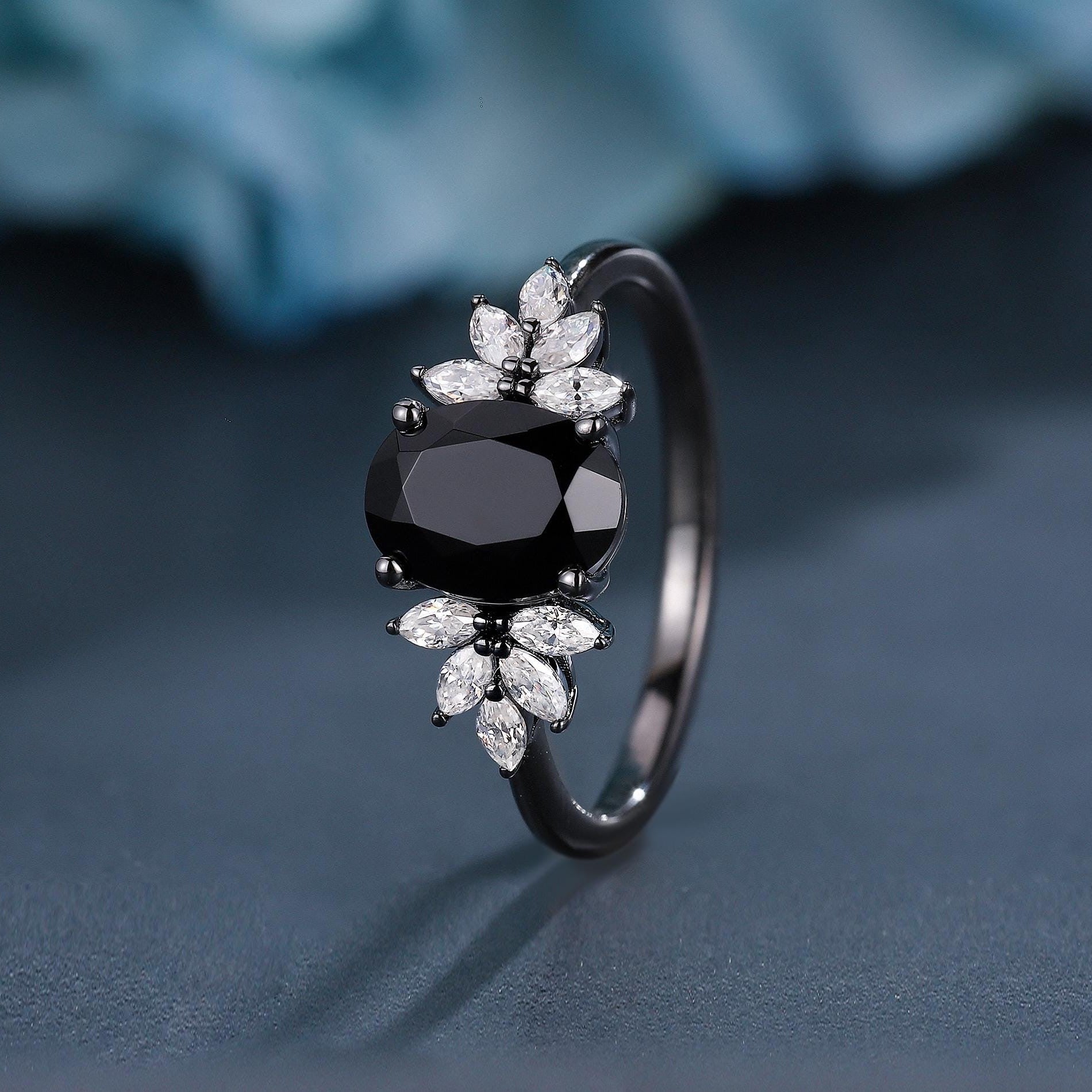 Oval Cut Natural Black Onyx S925 Ring Flowery Design Bridal Engagement Ring - anerjuly