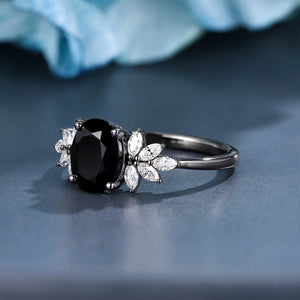 Oval Cut Natural Black Onyx S925 Ring Flowery Design Bridal Engagement Ring - anerjuly