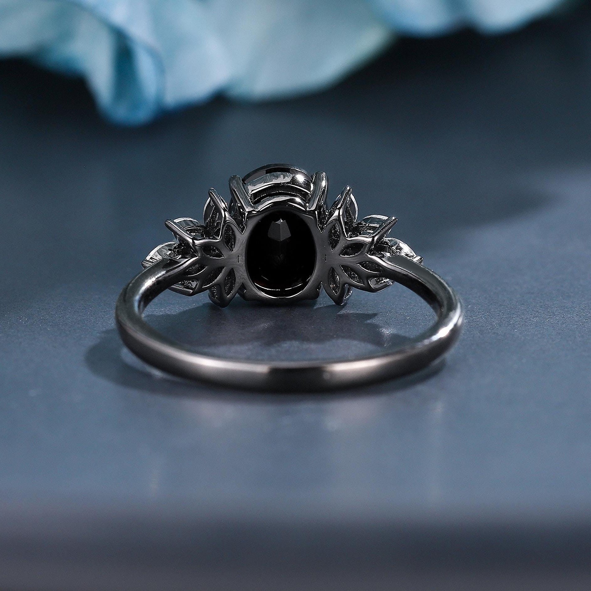 Oval Cut Natural Black Onyx S925 Ring Flowery Design Bridal Engagement Ring - anerjuly