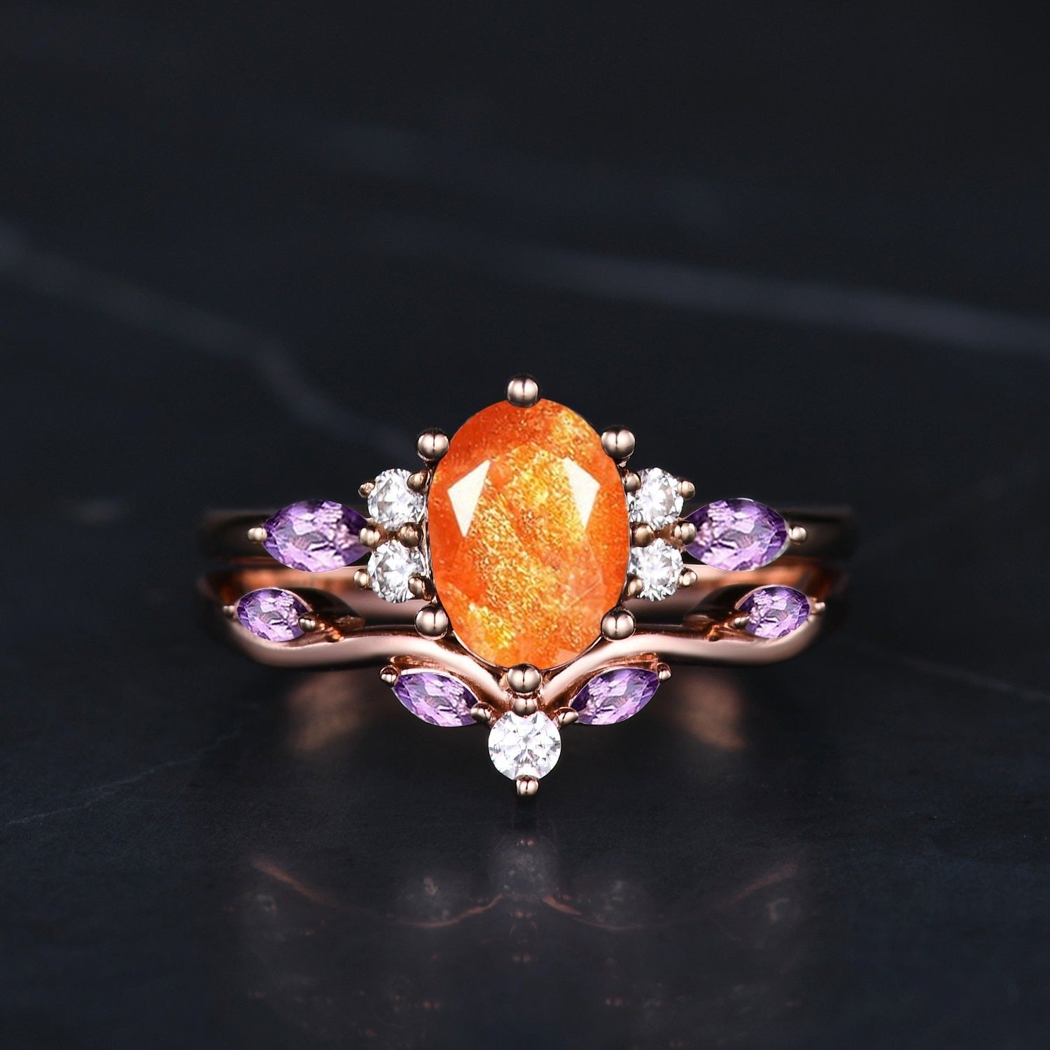 Oval Cut Orange Sunstone Engagement Ring Set Dainty Cluster Marquise Amethyst Bridal Ring Vintage Unique Women Promise Gift - anerjuly