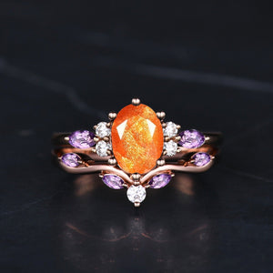 Oval Cut Orange Sunstone Engagement Ring Set Dainty Cluster Marquise Amethyst Bridal Ring Vintage Unique Women Promise Gift - anerjuly