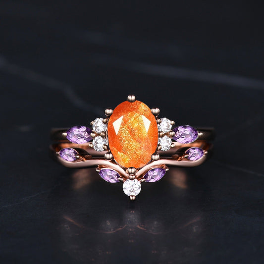 Oval Cut Orange Sunstone Engagement Ring Set Dainty Cluster Marquise Amethyst Bridal Ring Vintage Unique Women Promise Gift - anerjuly