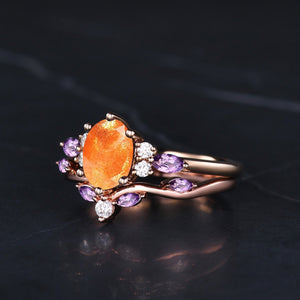 Oval Cut Orange Sunstone Engagement Ring Set Dainty Cluster Marquise Amethyst Bridal Ring Vintage Unique Women Promise Gift - anerjuly