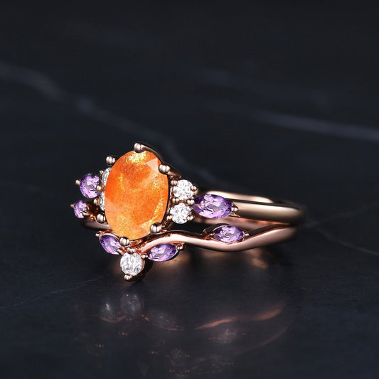 Oval Cut Orange Sunstone Engagement Ring Set Dainty Cluster Marquise Amethyst Bridal Ring Vintage Unique Women Promise Gift - anerjuly