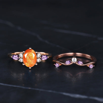Oval Cut Orange Sunstone Engagement Ring Set Dainty Cluster Marquise Amethyst Bridal Ring Vintage Unique Women Promise Gift - anerjuly